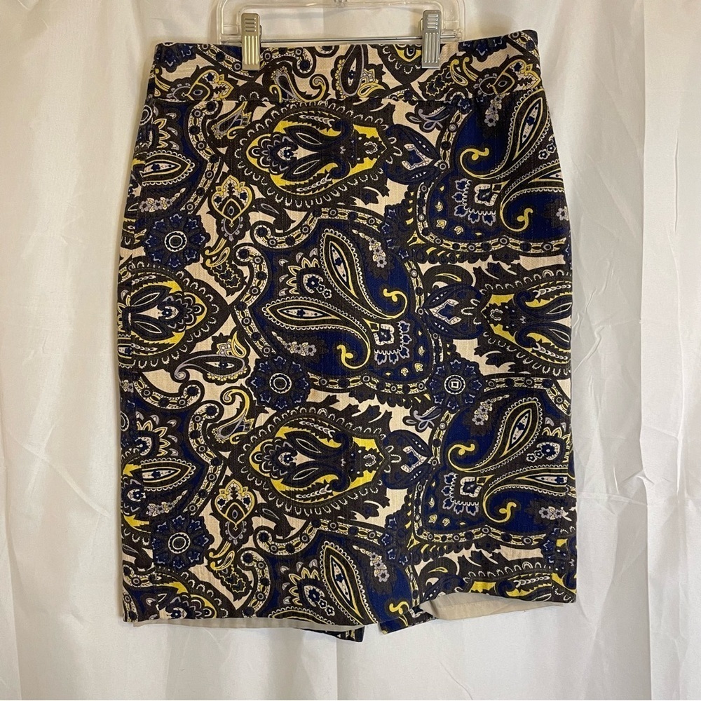 ANN TAYLOR Women’s Navy Yellow Olive Paisley Cotton Pencil Skirt Size 2